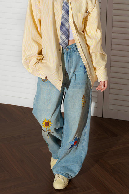 Retro Sunflower Embroidered Wide-Leg Jeans