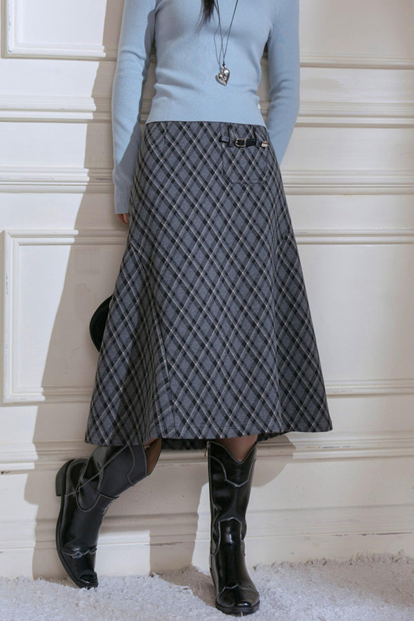 Gray Plaid Leather Skirt