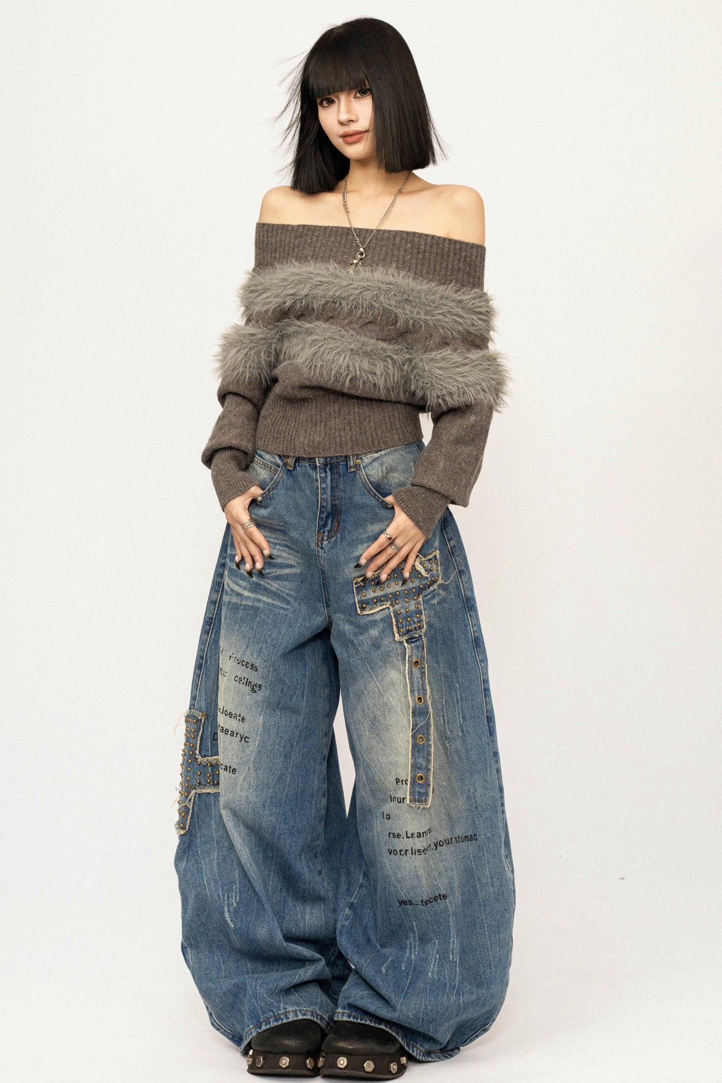 Off-Shoulder Fur Trim Sweater