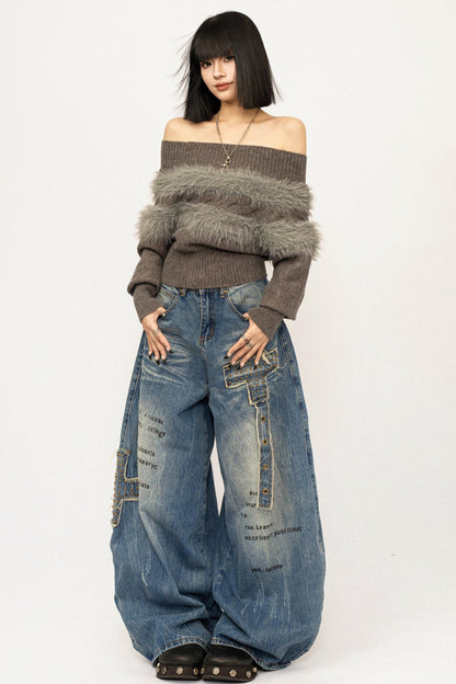 Off-Shoulder Fur Trim Sweater
