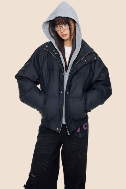 Color-Blocked Leather Hooded Jacket