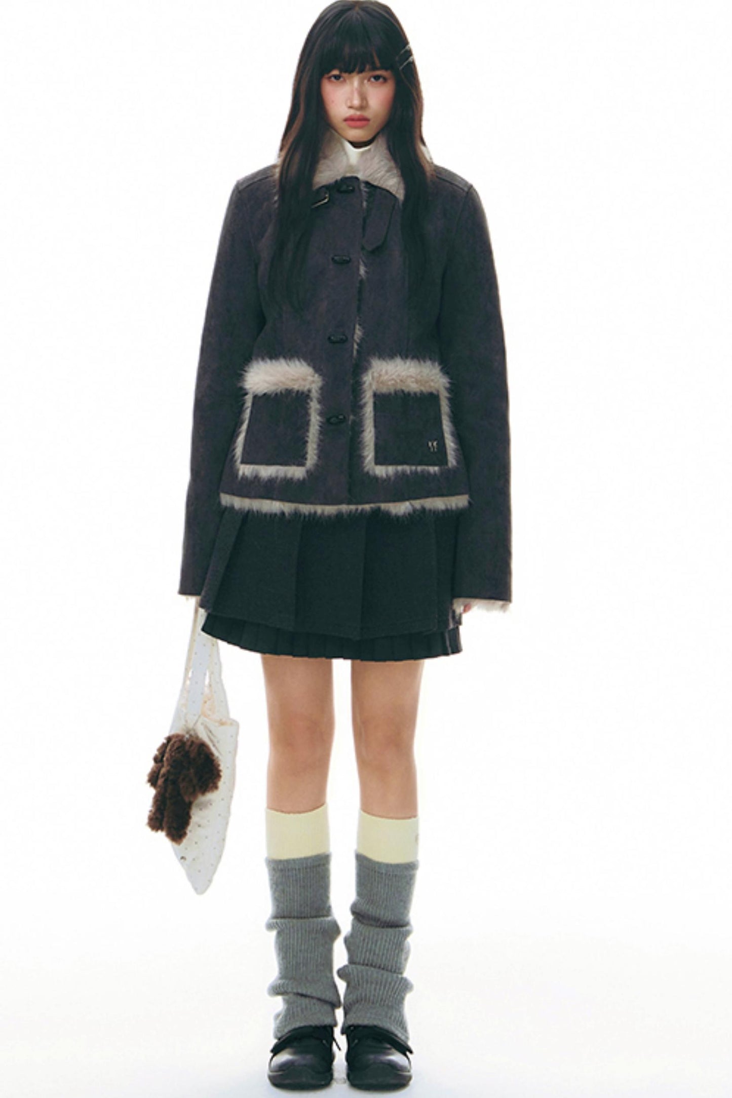 Ruffle Patchwork Woolen Pleated Skirt