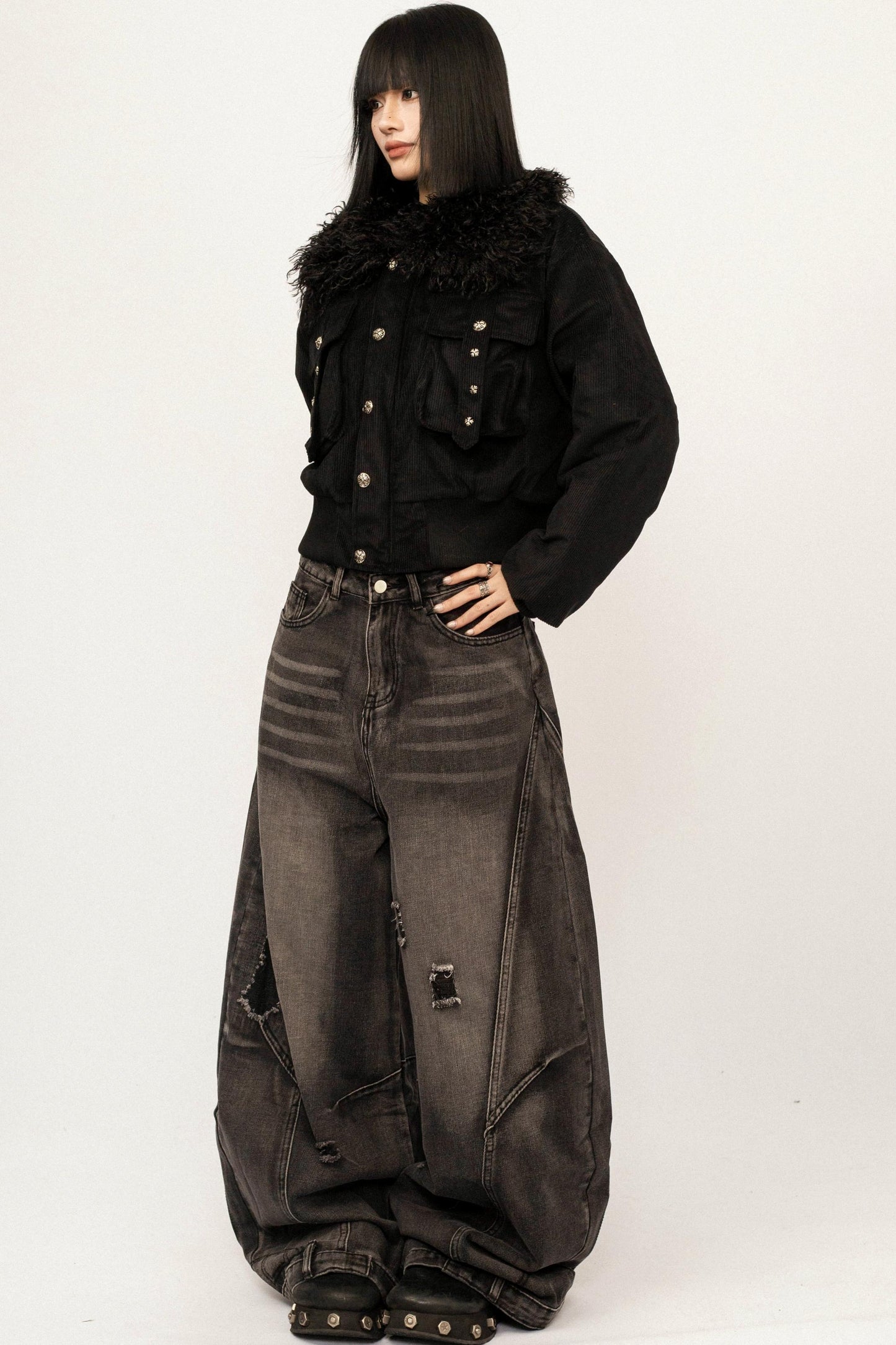 Black Fur Collar Hooded Jacket