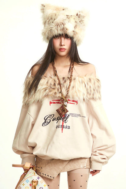 Retro Apricot Fur Collar Sweatshirt