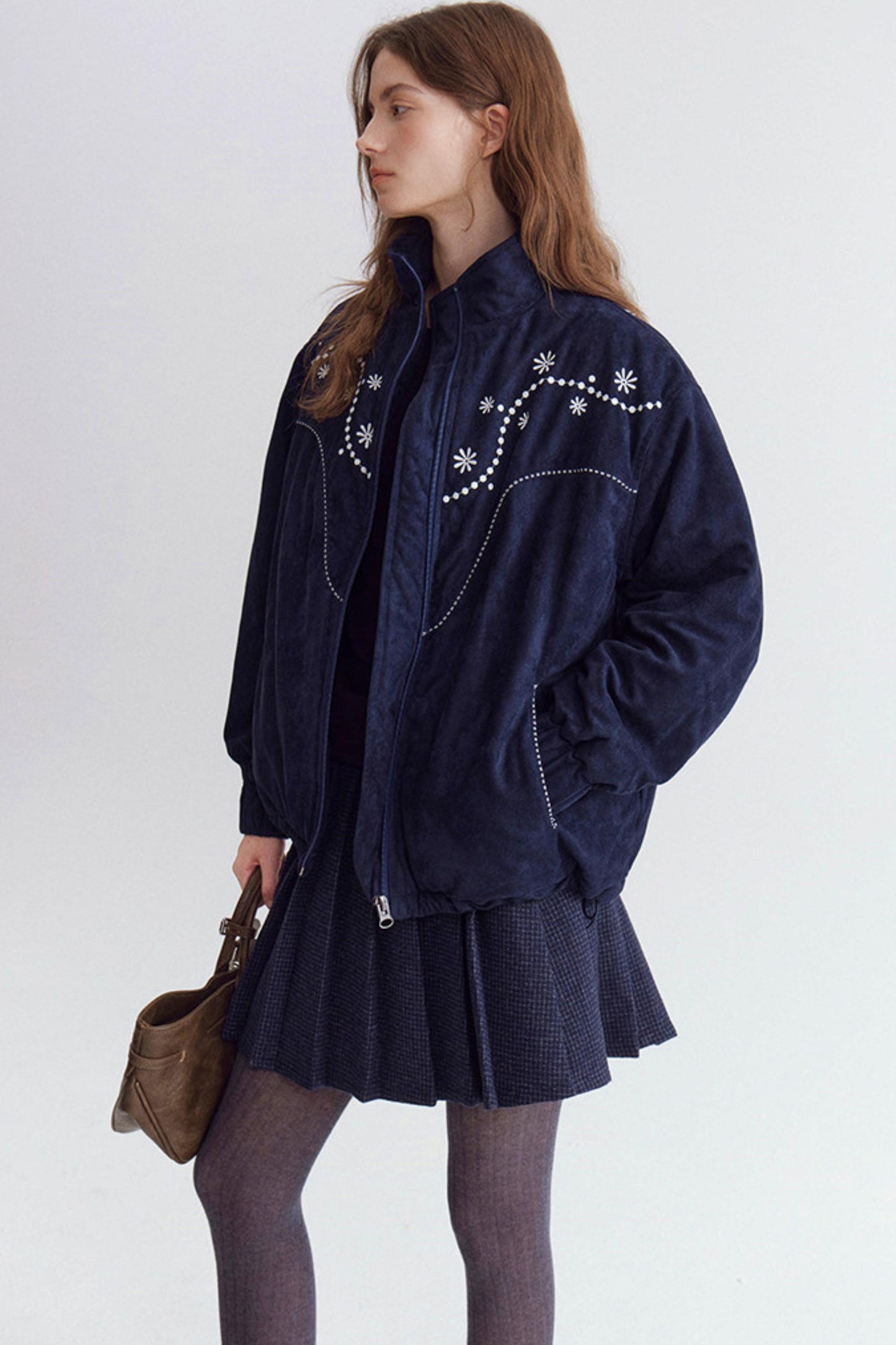 Pearl Daisy Embroidered Suede Jacket