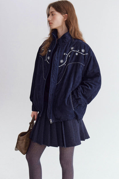 Pearl Daisy Embroidered Suede Jacket