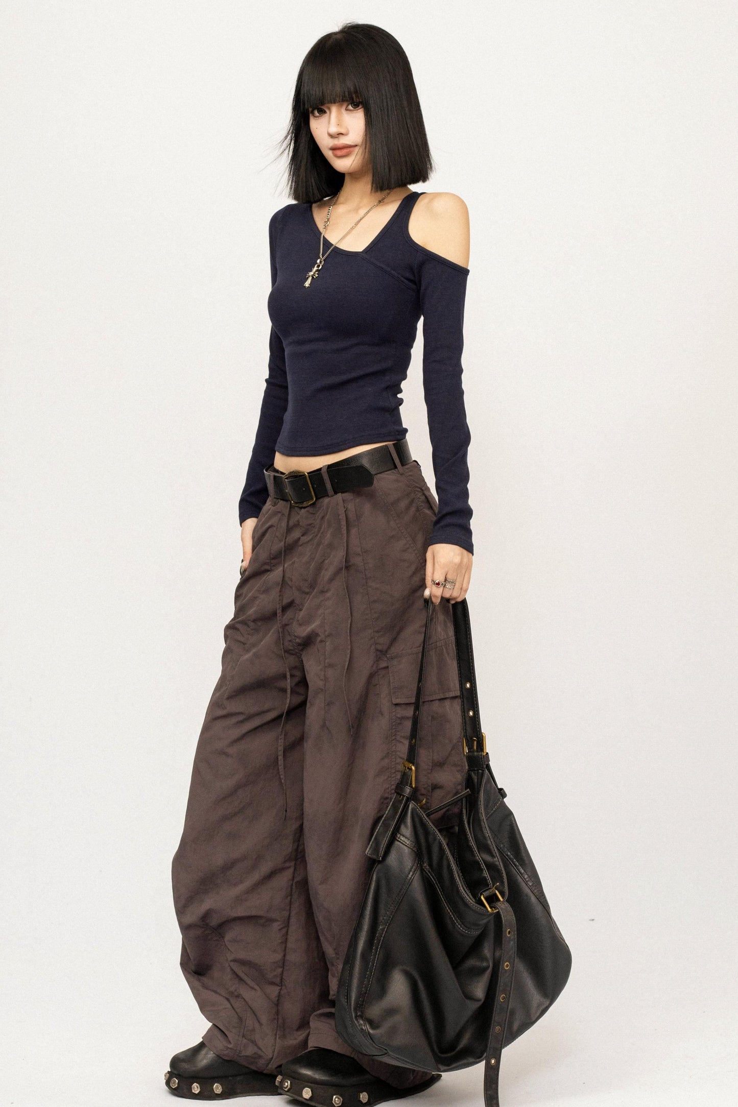 Retro Navy Off-Shoulder Top