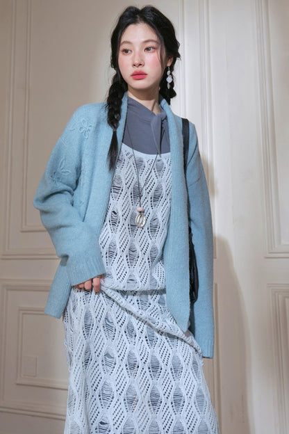 Sense Layering Gray and Blue Openwork Sundress Set