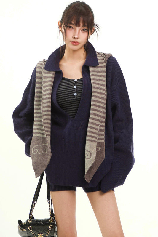 Navy Knitwear Two-Piece Pants Set-Up