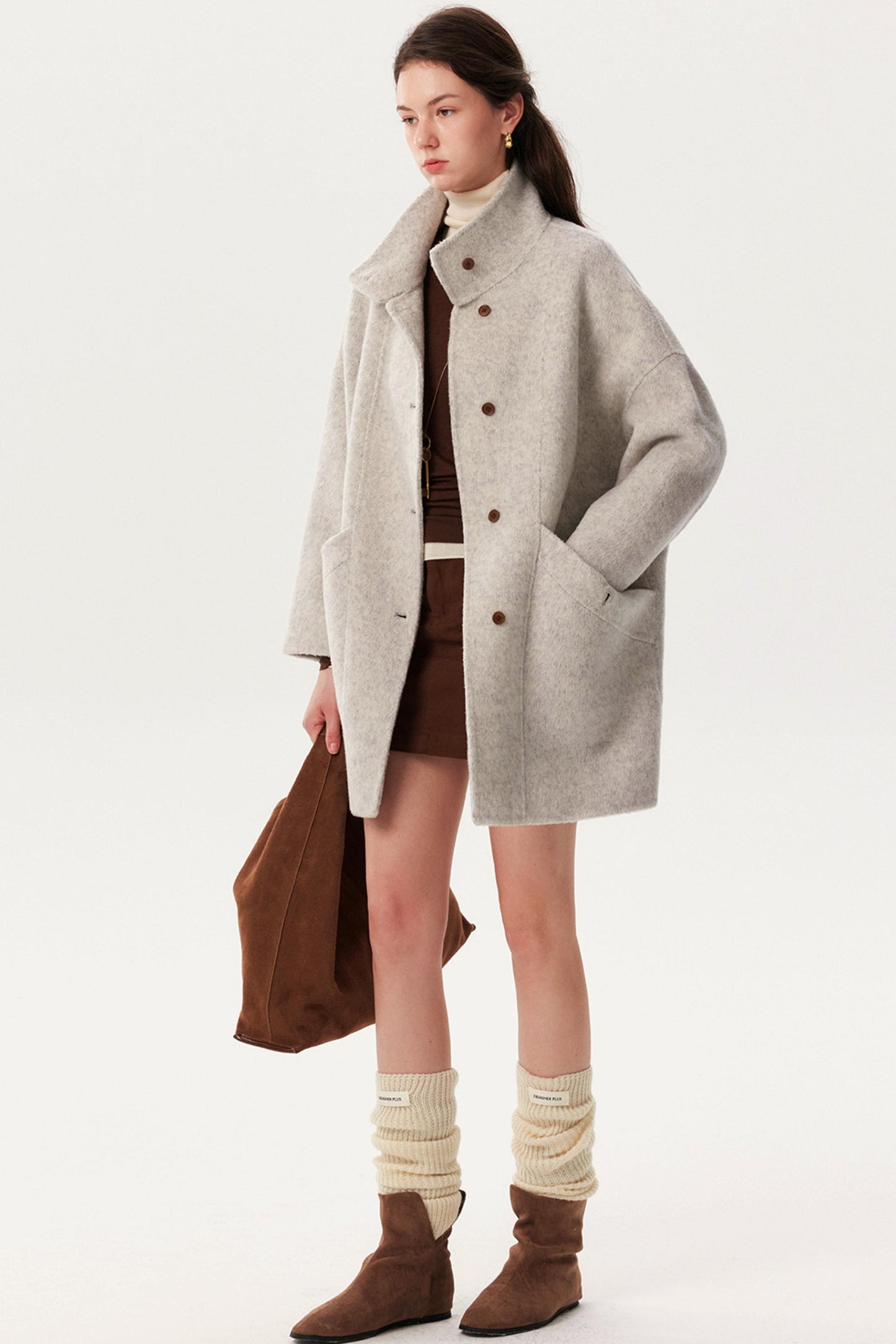 French Woolen Stand-Up Collar Coat