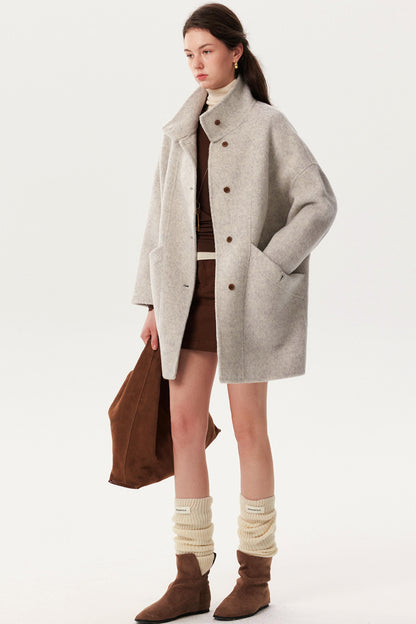 French Woolen Stand-Up Collar Coat
