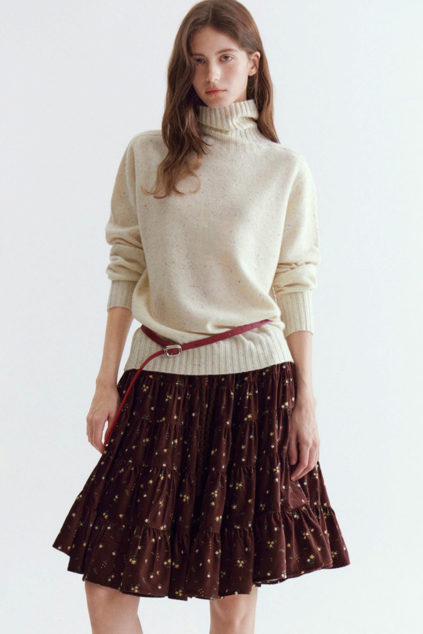 Wool Floral Yarn Turtleneck Sweater