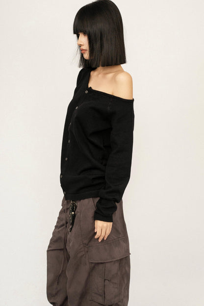 Black Knitted Off-Shoulder Cardigan