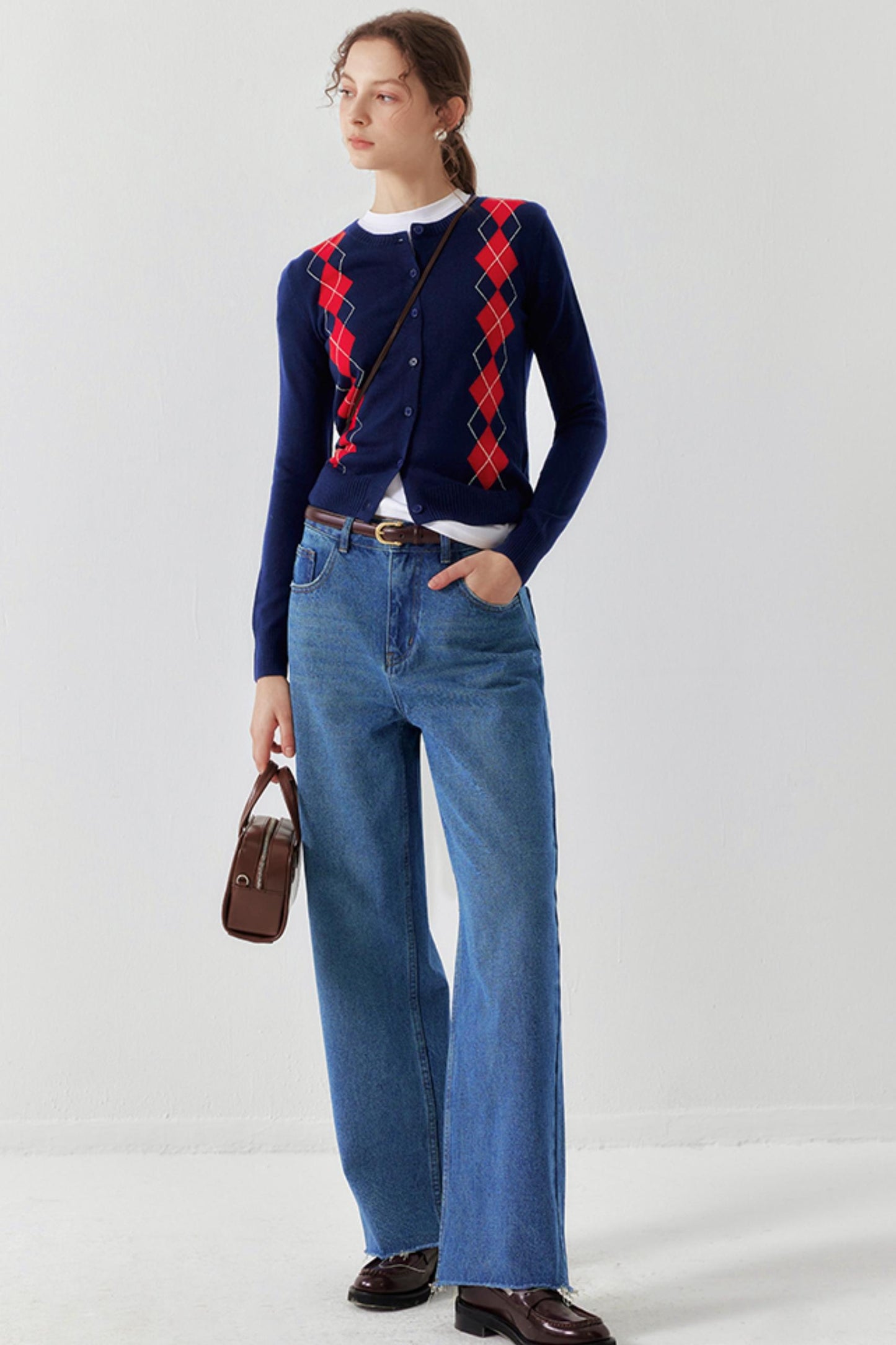 Navy Retro Check Wool Knit Cardigan