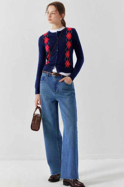 Navy Retro Check Wool Knit Cardigan