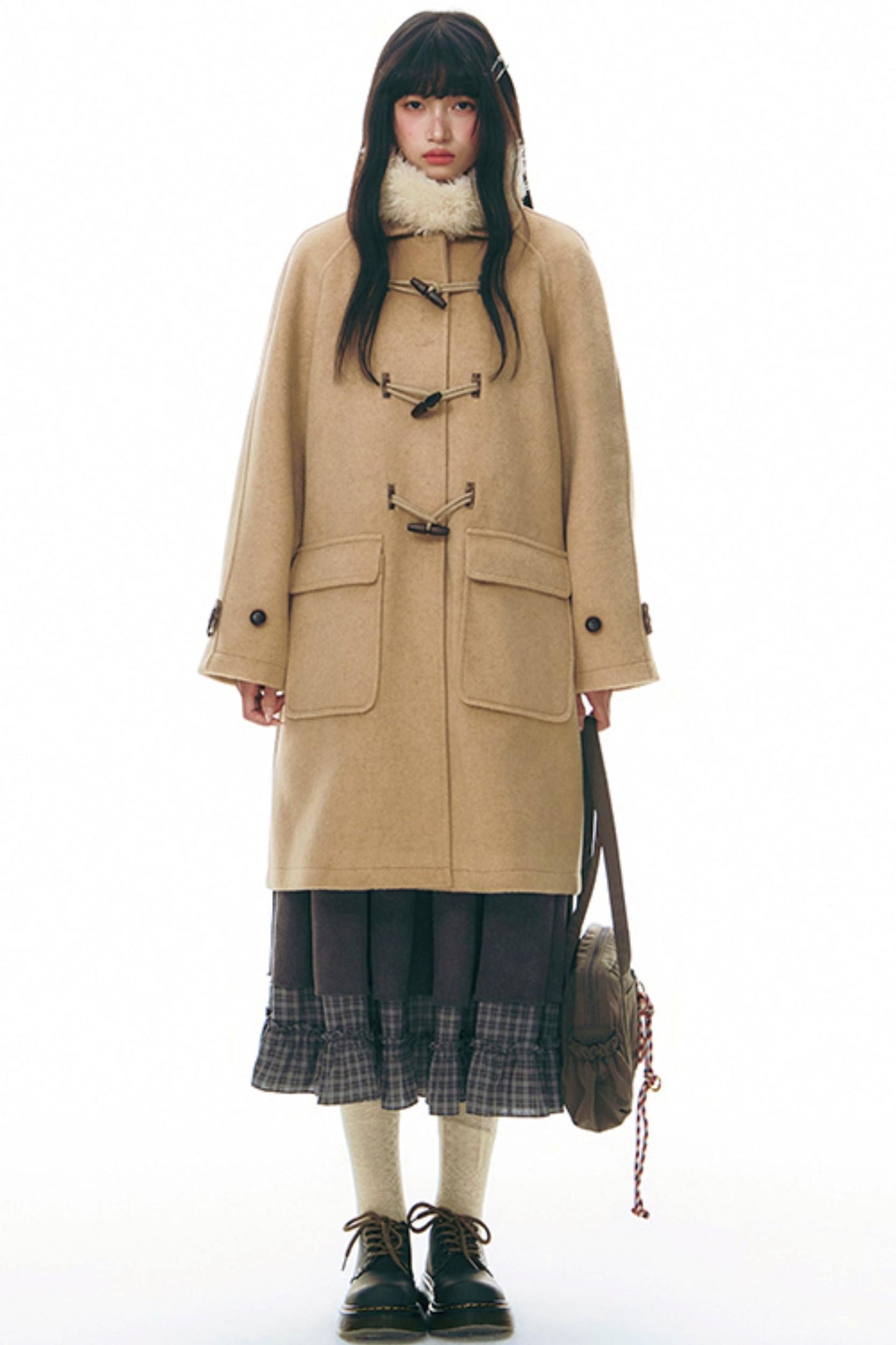 Patchwork Plaid Shirred Japanese Lace-Up Long Dress