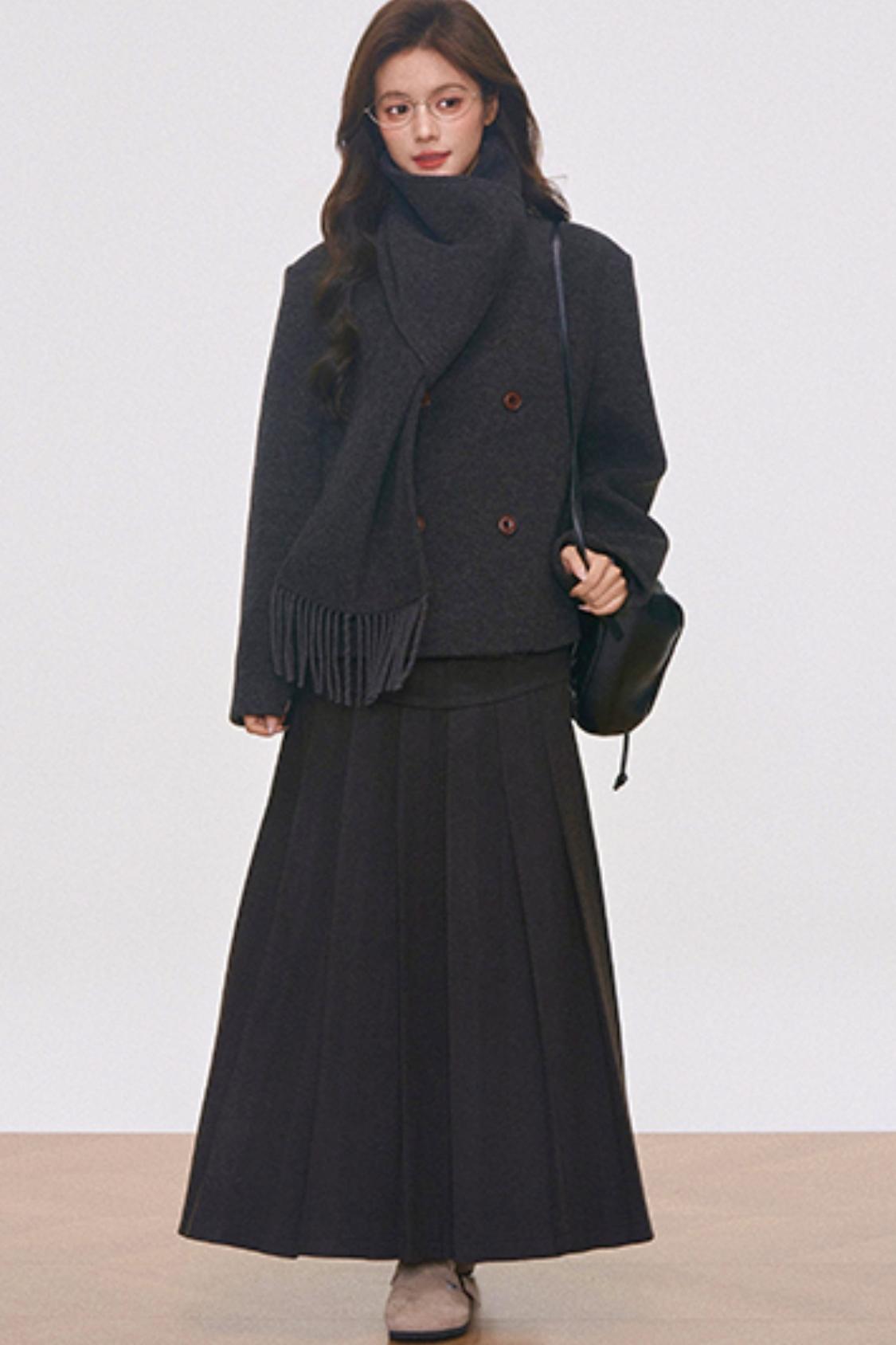 Woolen Coat with Scarf And Skirt Set-Up