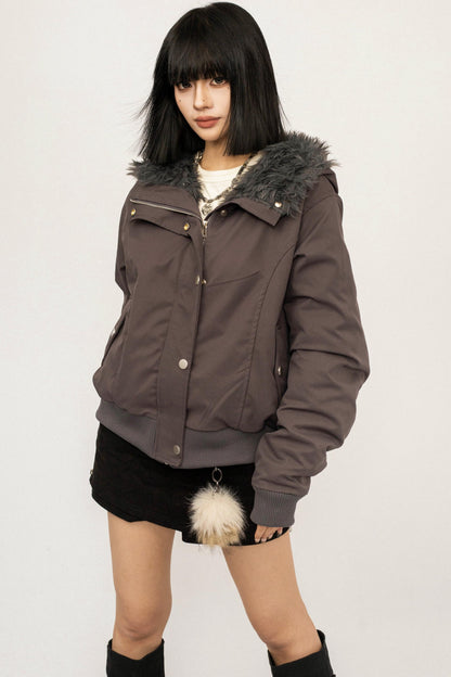 Gray Detachable Fur Collar Parka Coat