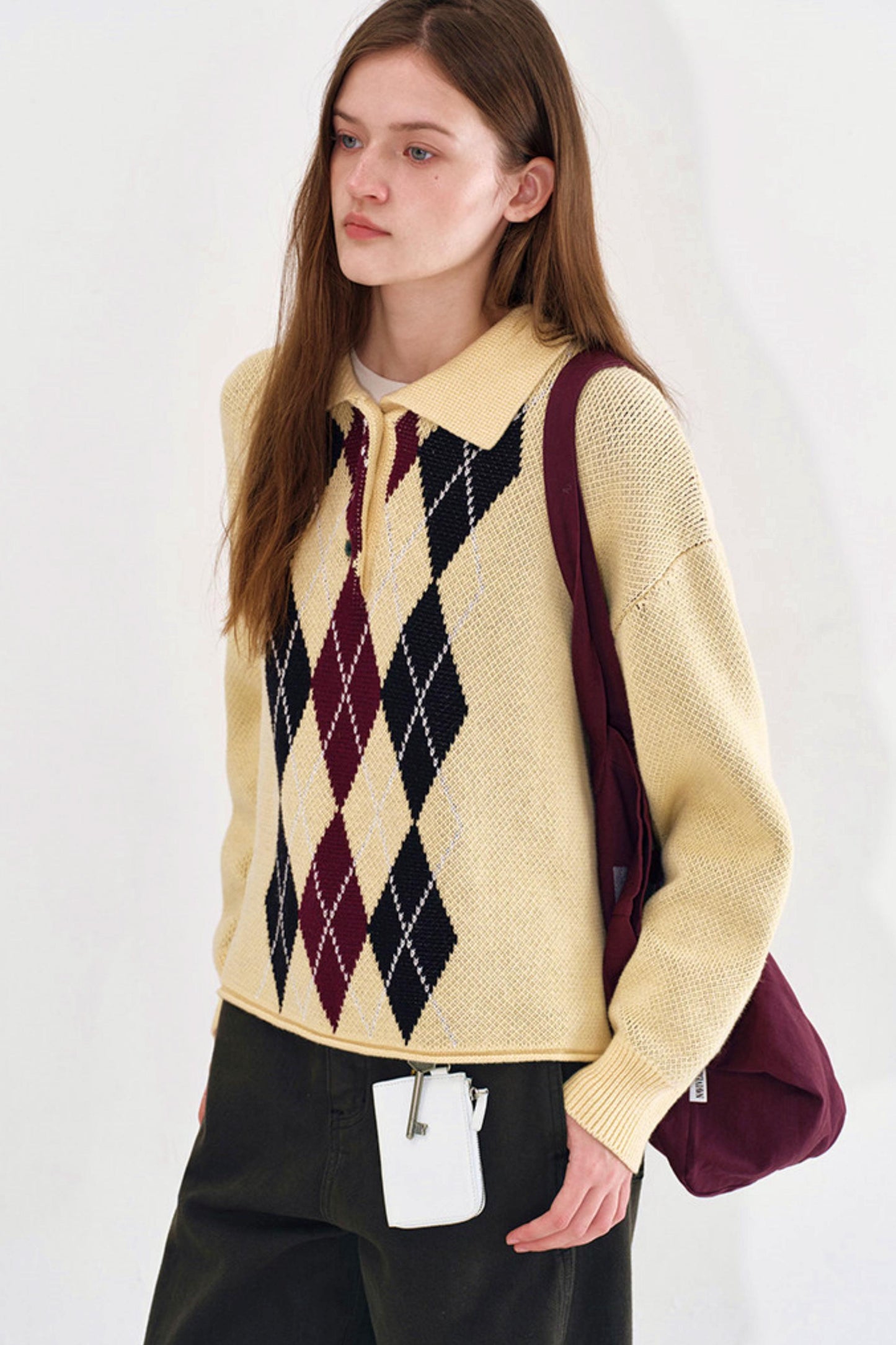Cream Yellow Argyle Knit Sweater