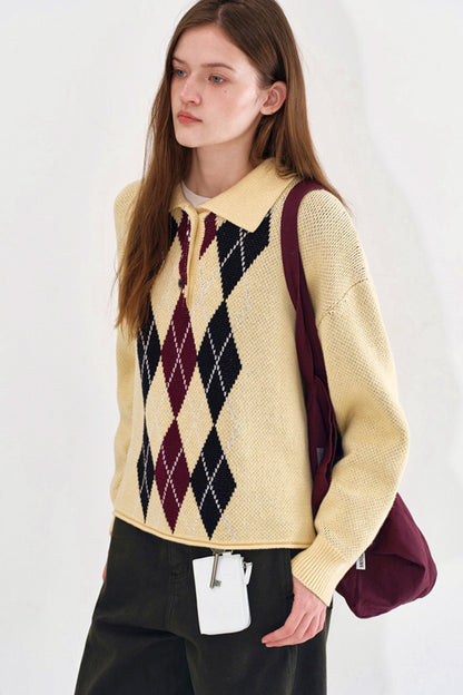 Cream Yellow Argyle Knit Sweater