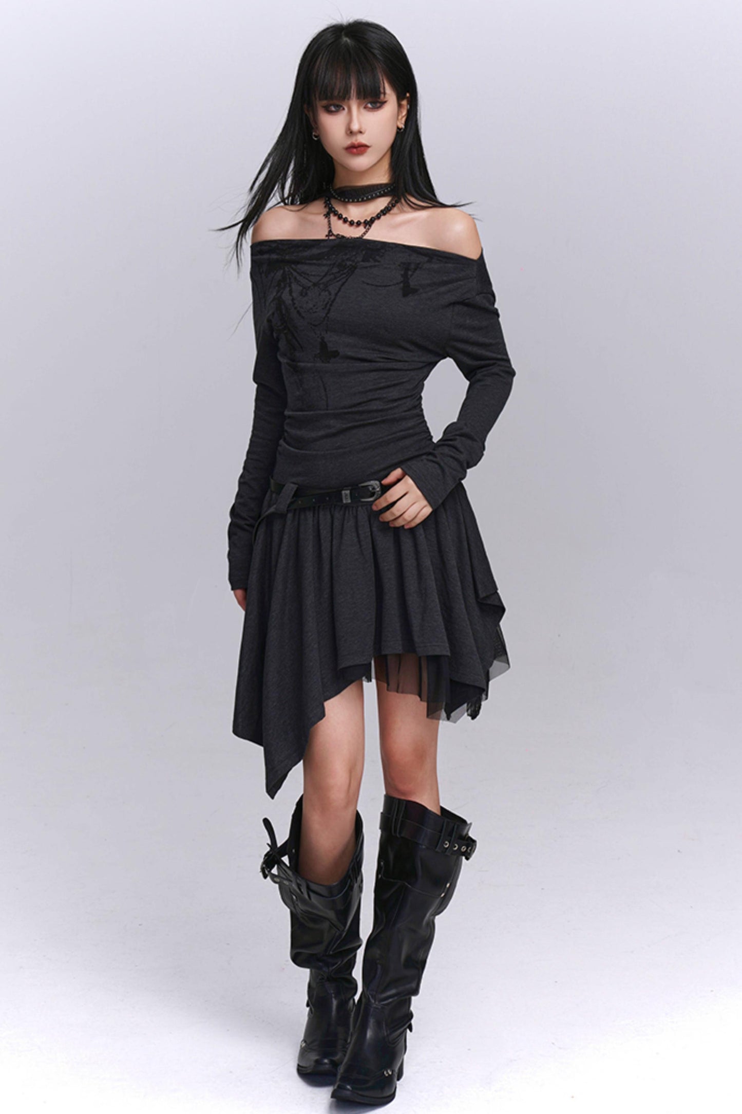 Gray Off-Shoulder Autumn Dress