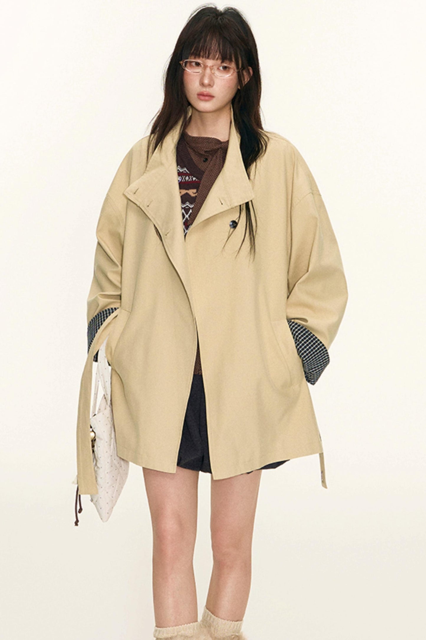 Dual-Purpose Plaid Patchwork Trench Coat