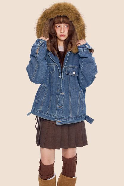 Fur Collar Hooded Denim Jacket