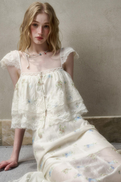 Airy Floral Ensemble Long Lace Skirt Set-Up