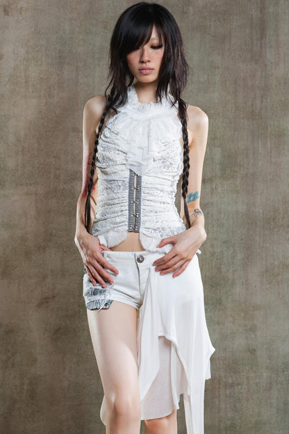 Necklace Accessory Multi-Ruched Lace Halter Top Set