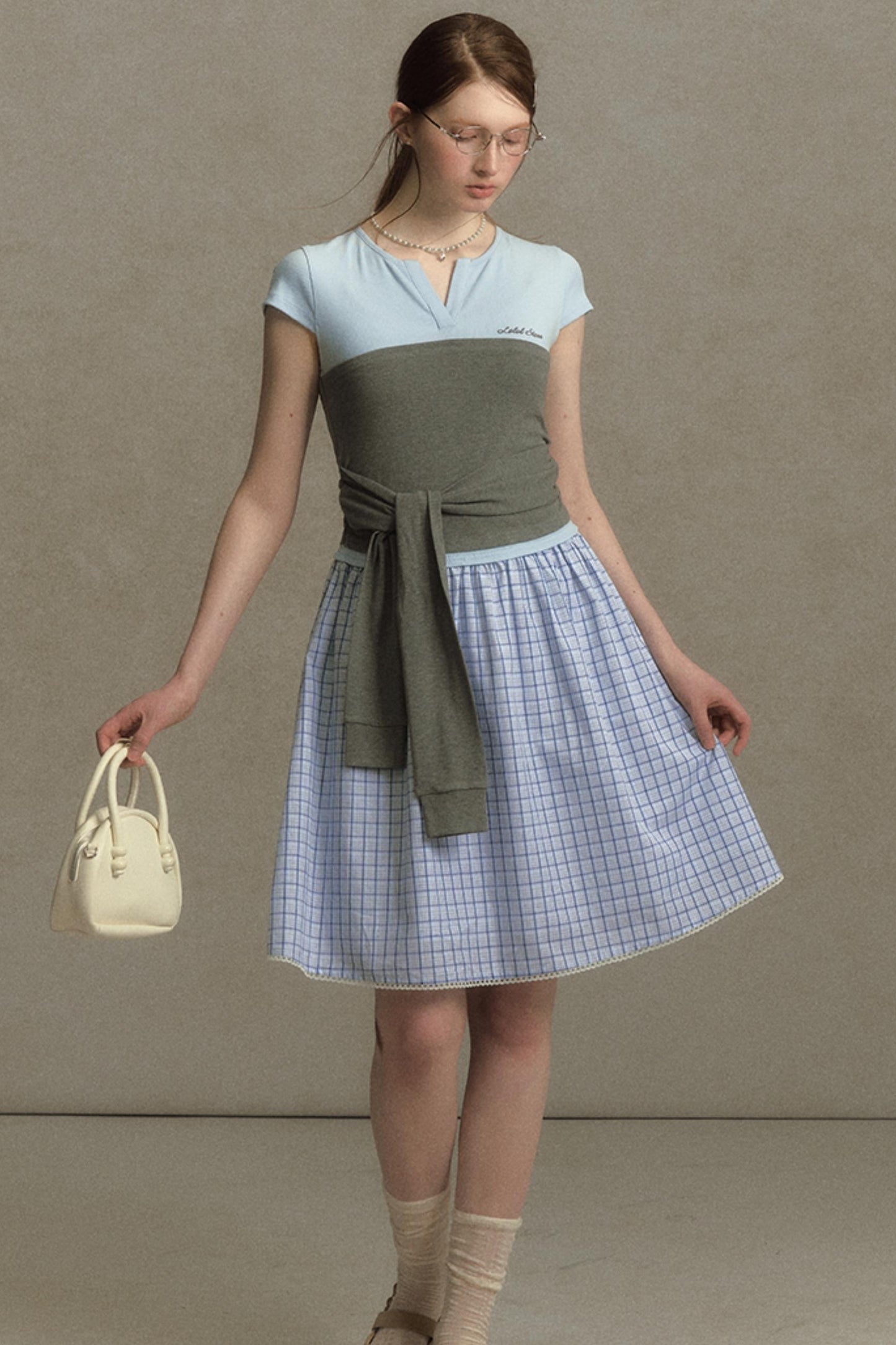 Color Clash Lace-Trimmed Plaid Dress