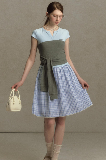 Color Clash Lace-Trimmed Plaid Dress