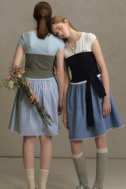 Color Clash Lace-Trimmed Plaid Dress