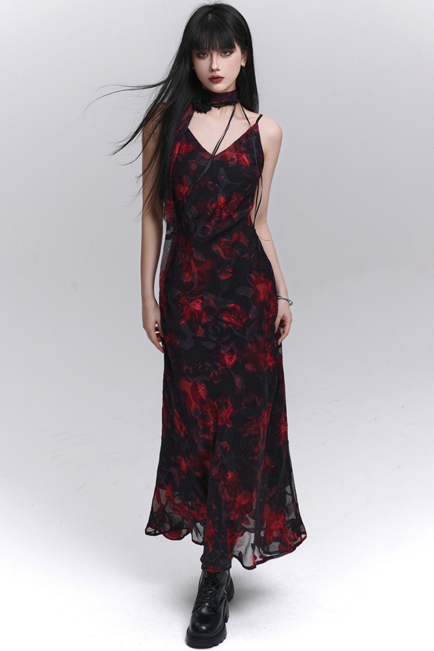Summer Black Floral Halter Dress