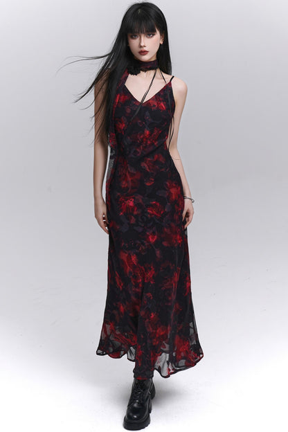 Summer Black Floral Halter Dress