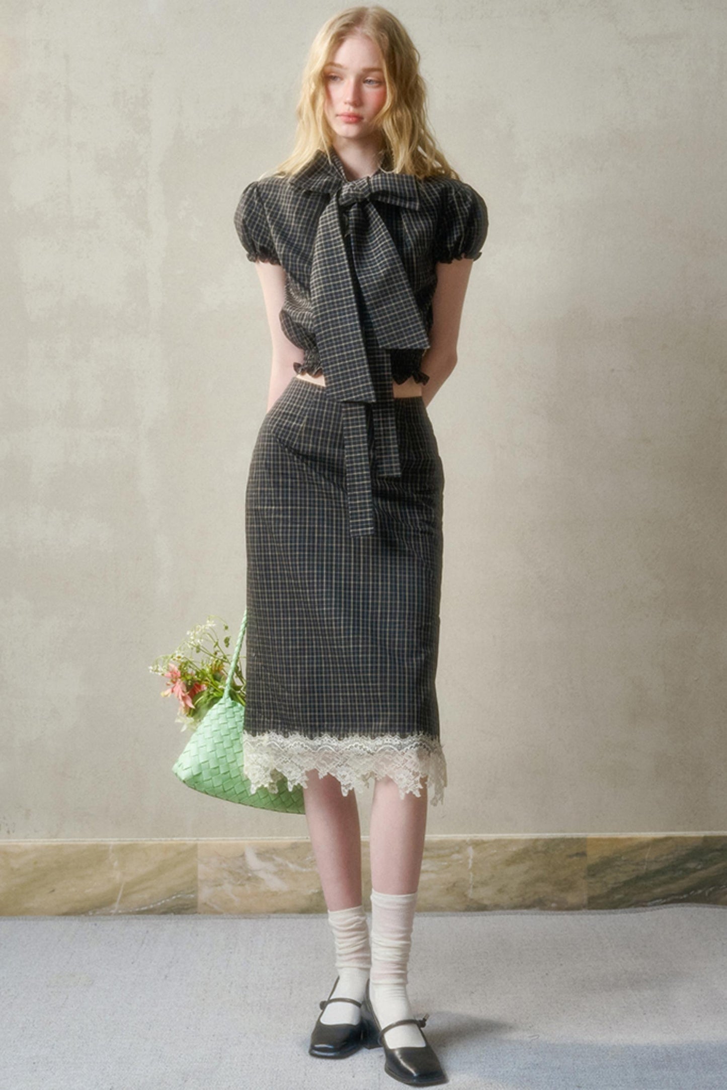 Cotton Galaxy Gray plaid Skirt Set-Up