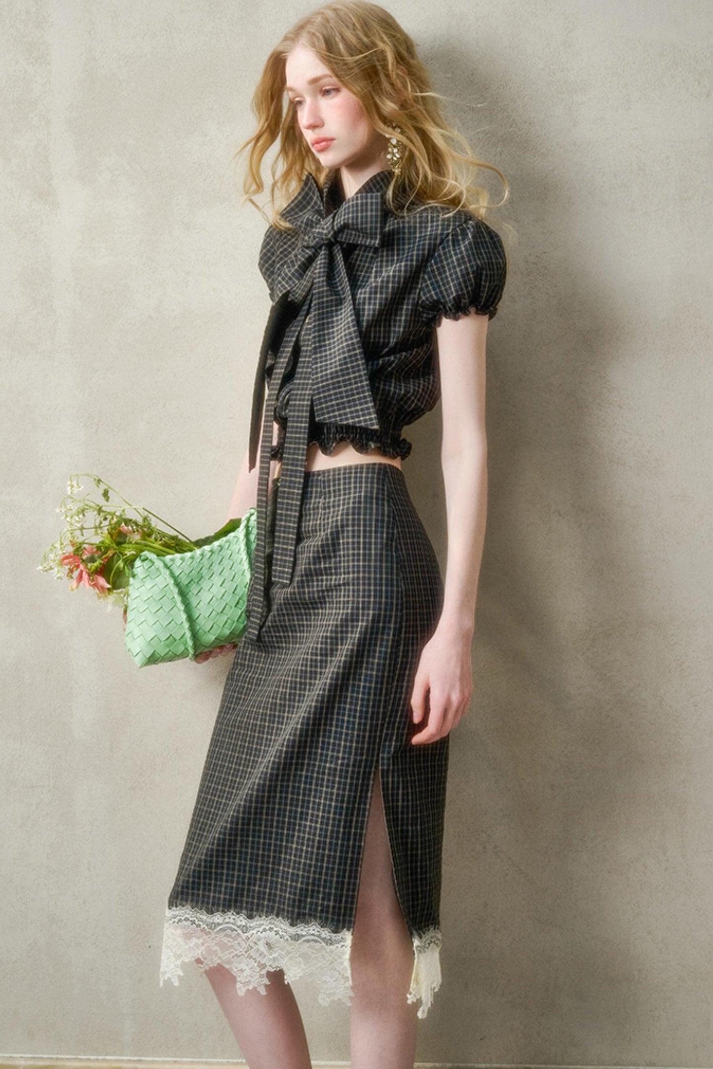 Cotton Galaxy Gray plaid Skirt Set-Up