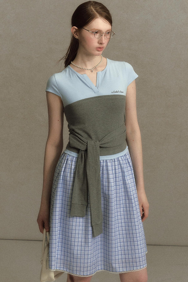 Color Clash Lace-Trimmed Plaid Dress