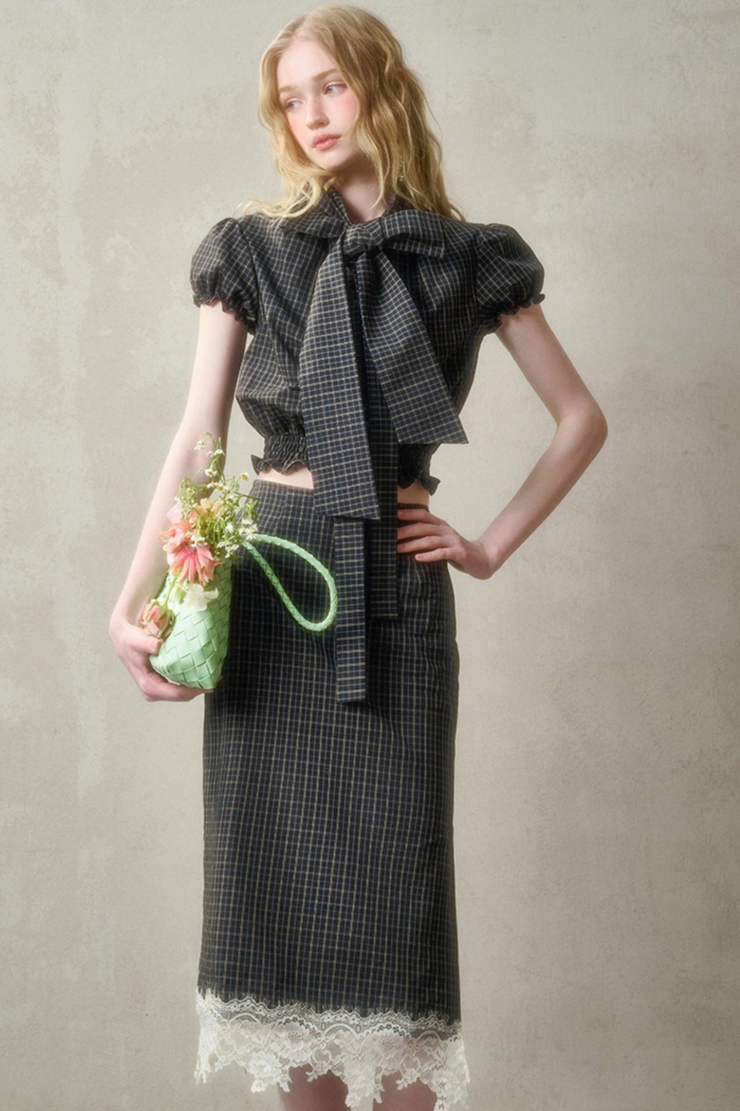 Cotton Galaxy Gray plaid Skirt Set-Up