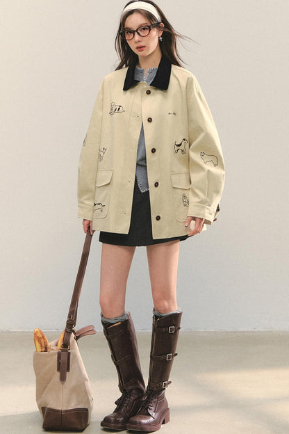 Vintage Puppy Embroidered Trench Coat