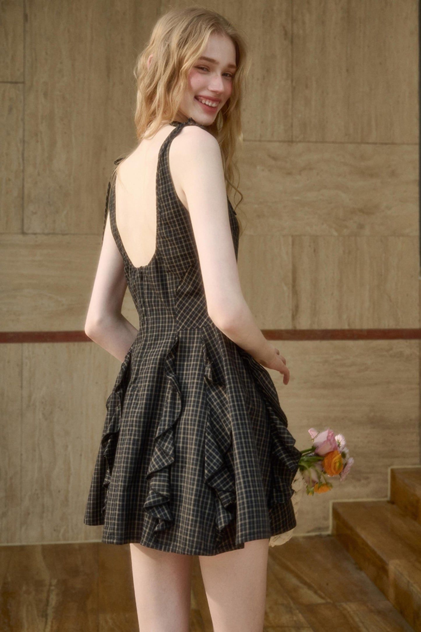 Dark Gray Lace Plaid Dress