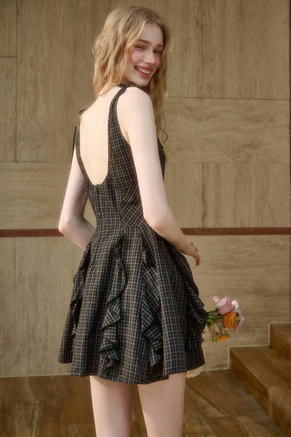 Dark Gray Lace Plaid Dress