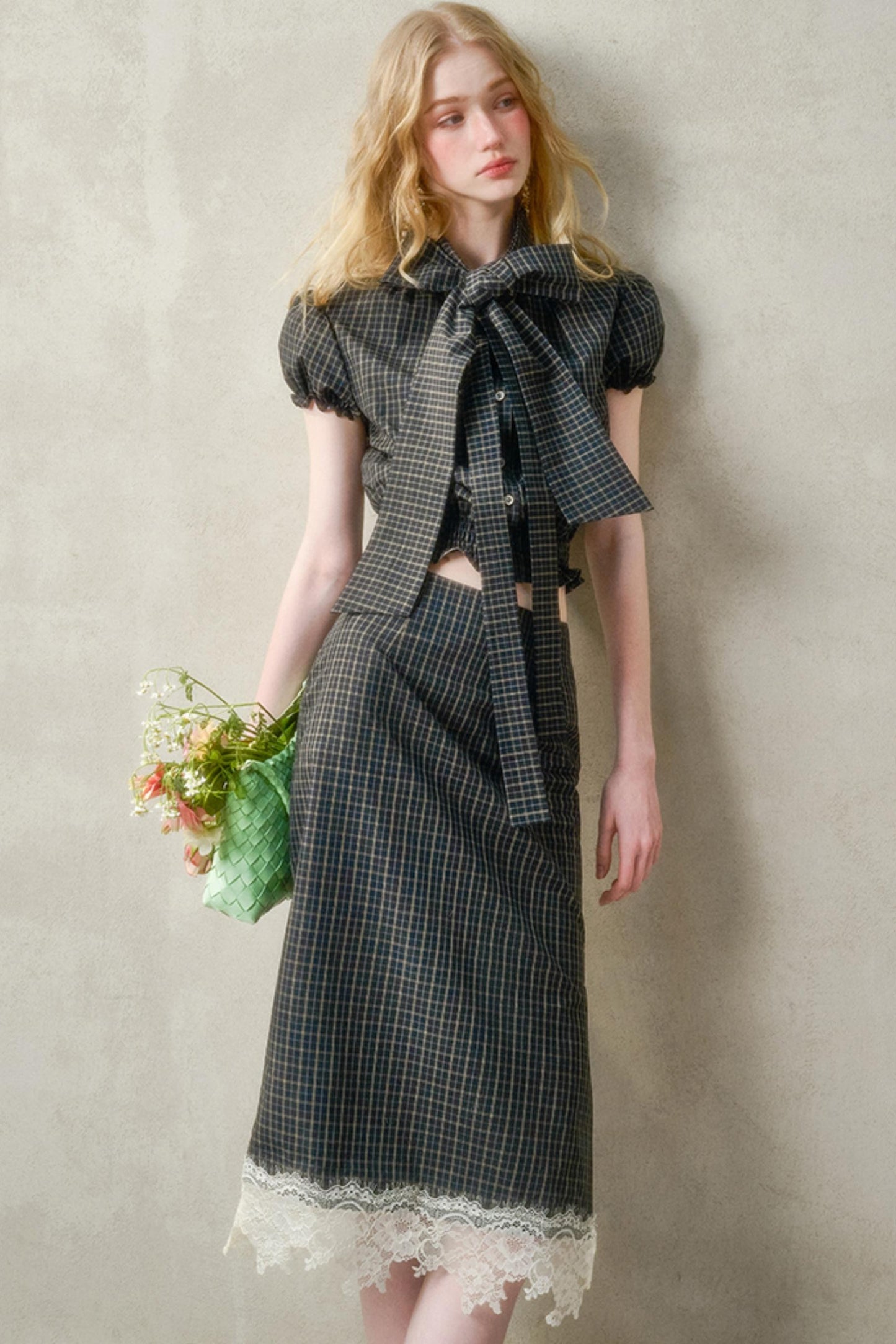 Cotton Galaxy Gray plaid Skirt Set-Up
