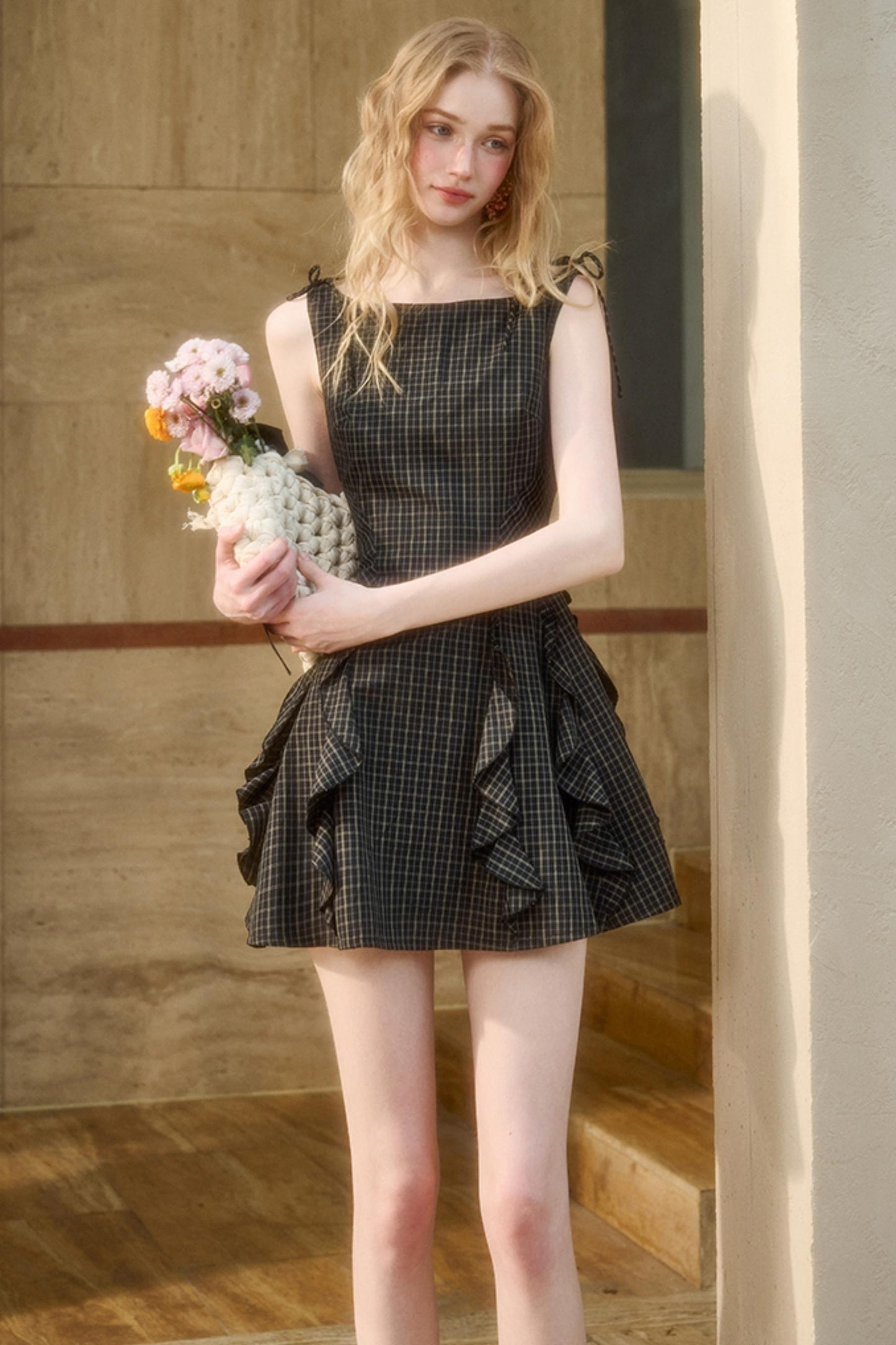 Dark Gray Lace Plaid Dress