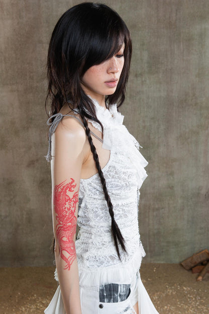 Necklace Accessory Multi-Ruched Lace Halter Top Set