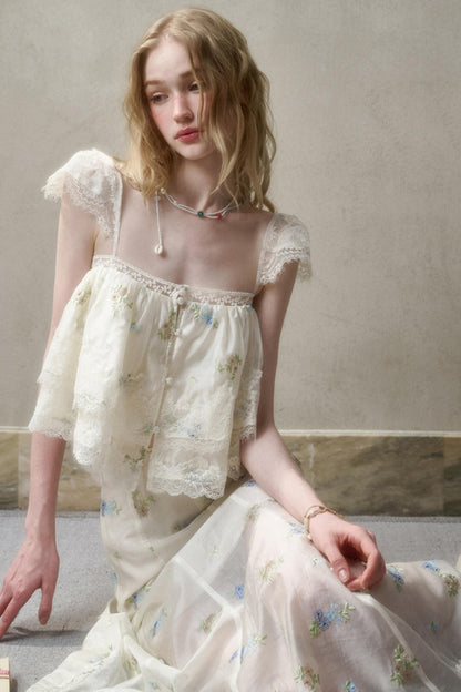 Airy Floral Ensemble Long Lace Skirt Set-Up