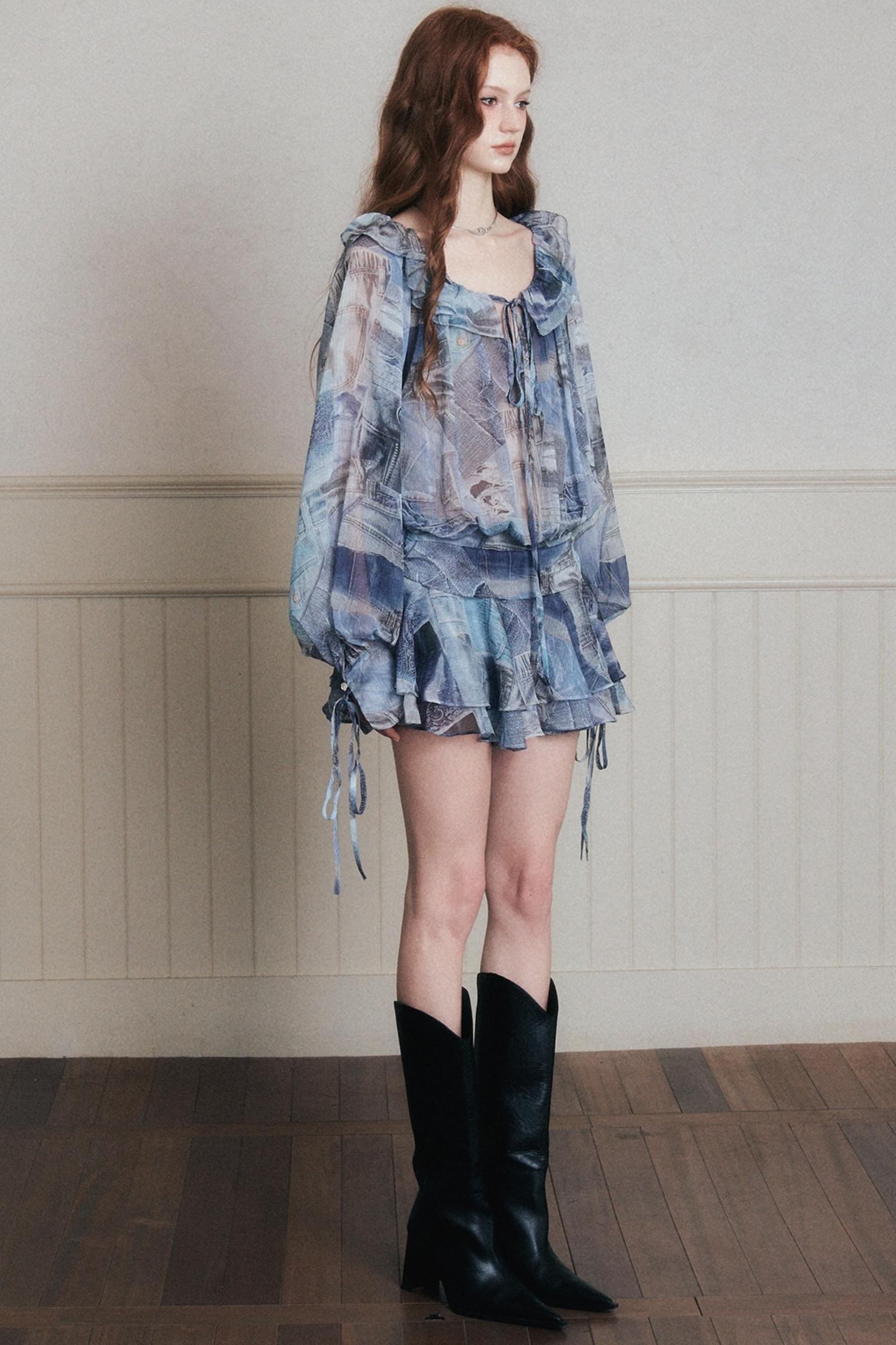 Rhythmic Ruffles Denim Drawstring Shirt Dress