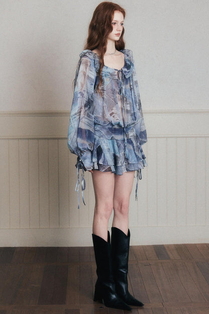 Rhythmic Ruffles Denim Drawstring Shirt Dress
