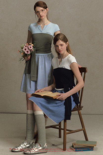 Color Clash Lace-Trimmed Plaid Dress