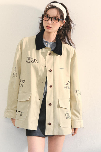 Vintage Puppy Embroidered Trench Coat