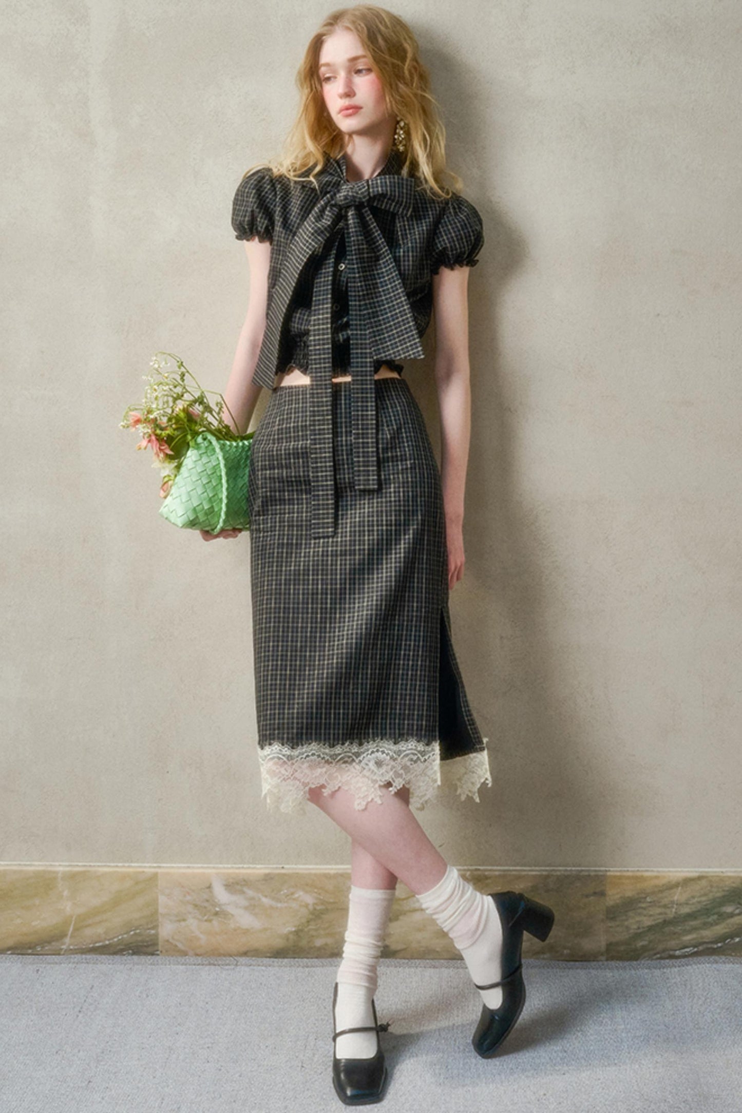 Cotton Galaxy Gray plaid Skirt Set-Up